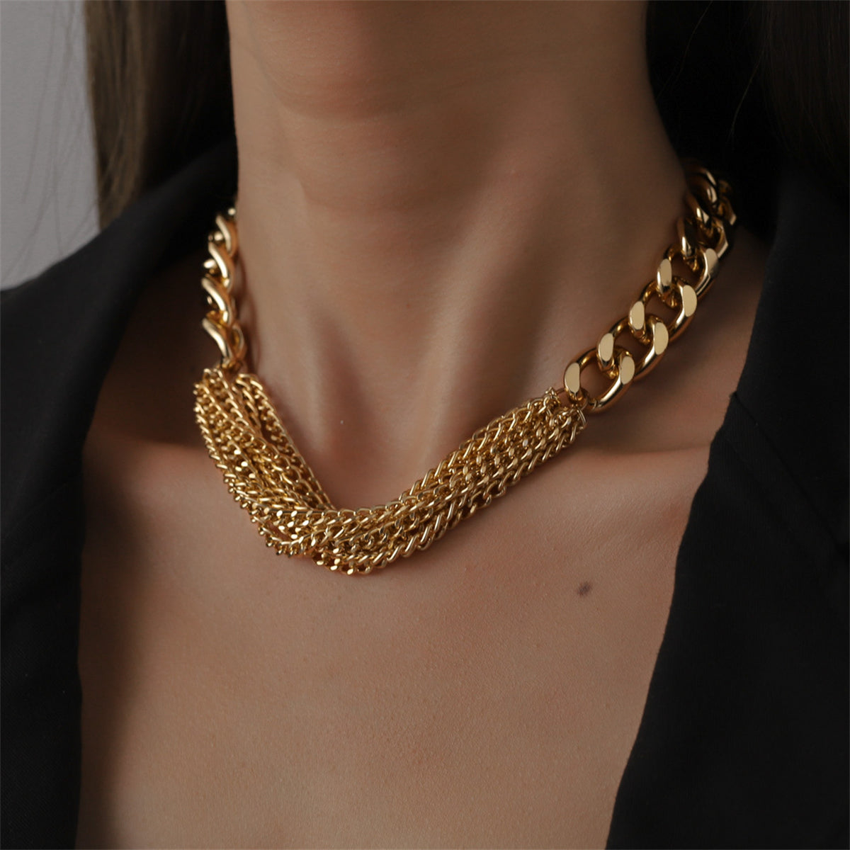 18K Gold-Plated Multi-Strand Chain Necklace, gold pendant necklace for women, botanical inspired, side view