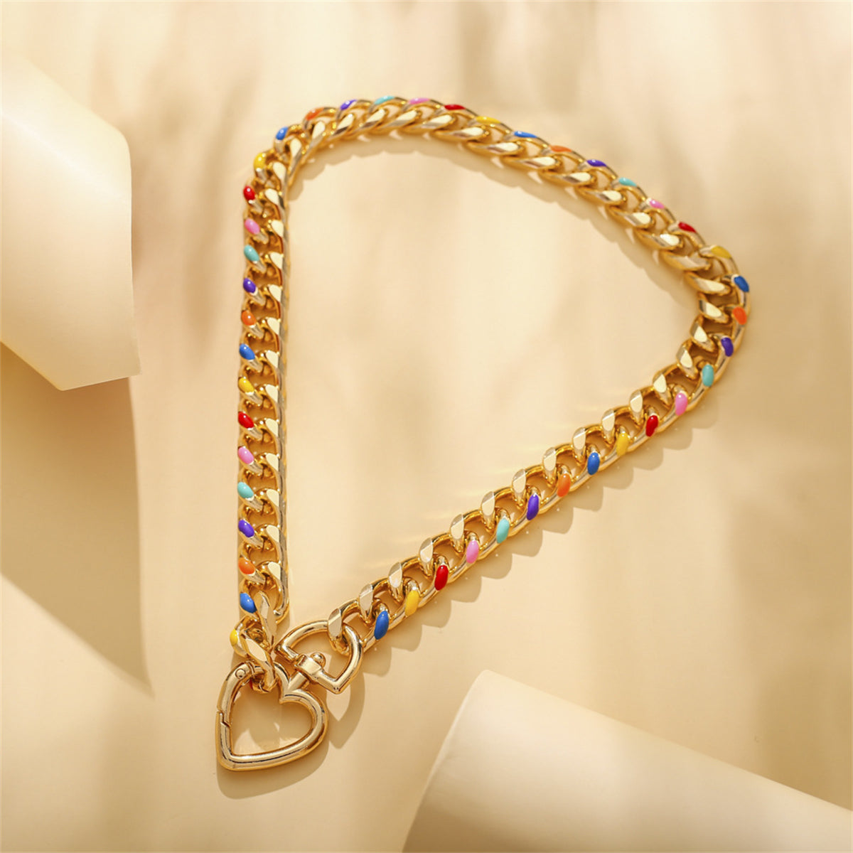 Multicolor Enamel and 18K Gold-Plated Heart Curb Chain Toggle Necklace, gold pendant necklace for women, front view