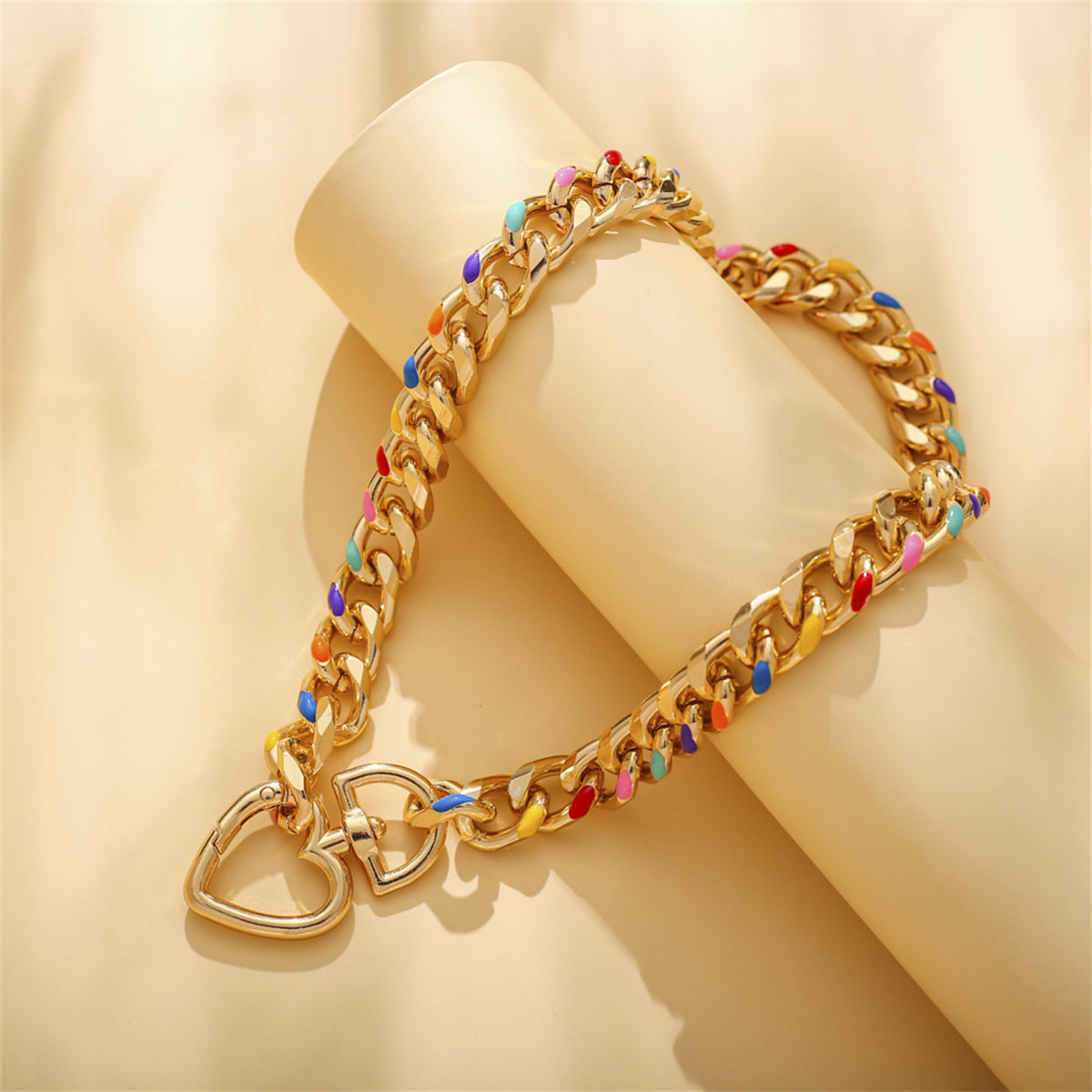 Multicolor Enamel & 18K Gold-Plated Heart Curb Chain Toggle Necklace