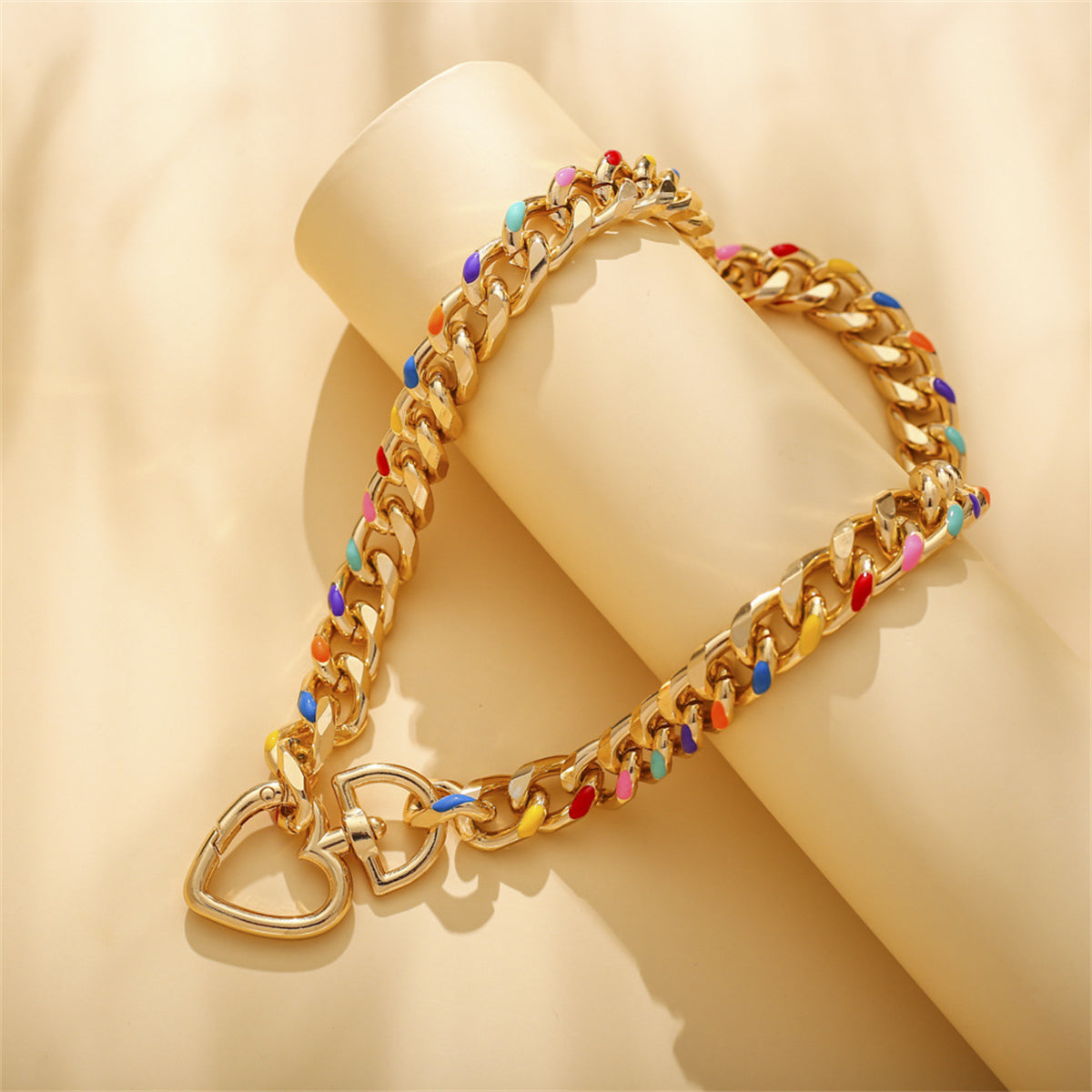 Multicolor Enamel and 18K Gold-Plated Heart Curb Chain Toggle Necklace, gold pendant necklace for women, detail close-up
