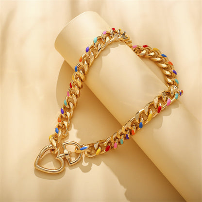 Multicolor Enamel and 18K Gold-Plated Heart Curb Chain Toggle Necklace, gold pendant necklace for women, detail close-up