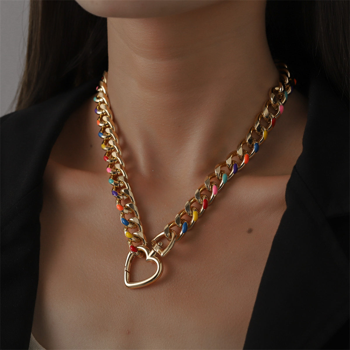 Multicolor Enamel and 18K Gold-Plated Heart Curb Chain Toggle Necklace, gold pendant necklace for women, lifestyle look