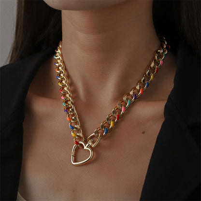 Multicolor Enamel and 18K Gold-Plated Heart Curb Chain Toggle Necklace, gold pendant necklace for women, lifestyle look