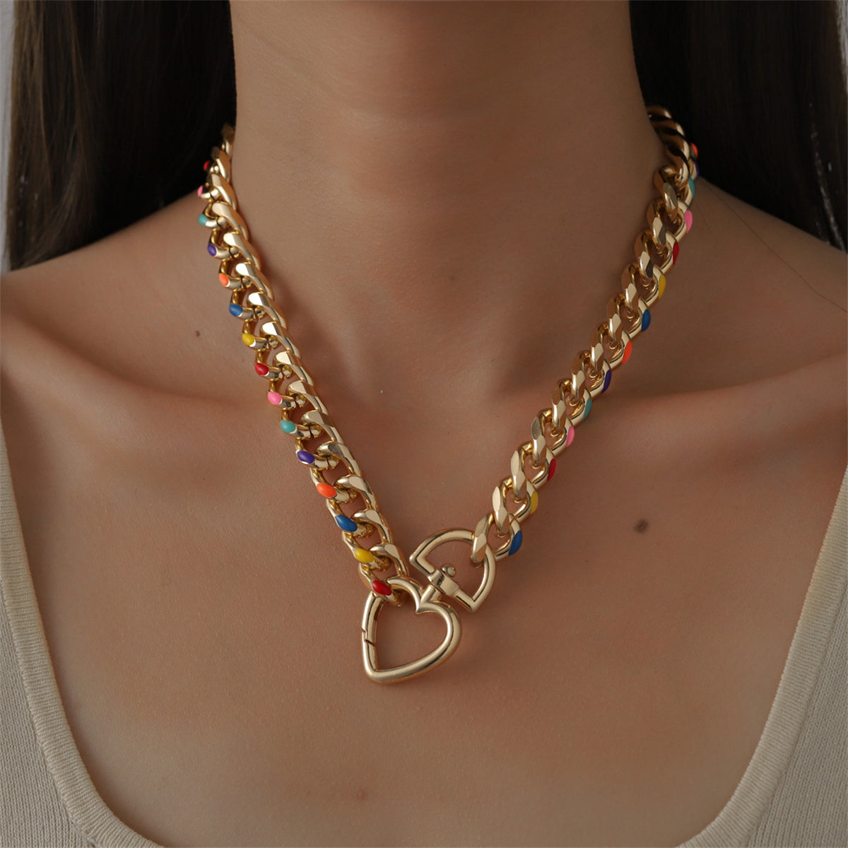 Multicolor Enamel and 18K Gold-Plated Heart Curb Chain Toggle Necklace, gold pendant necklace for women, styled look