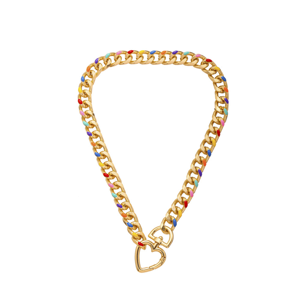 Multicolor Enamel and 18K Gold-Plated Heart Curb Chain Toggle Necklace, gold pendant necklace for women, side view