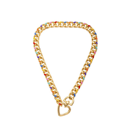 Multicolor Enamel and 18K Gold-Plated Heart Curb Chain Toggle Necklace, gold pendant necklace for women, side view