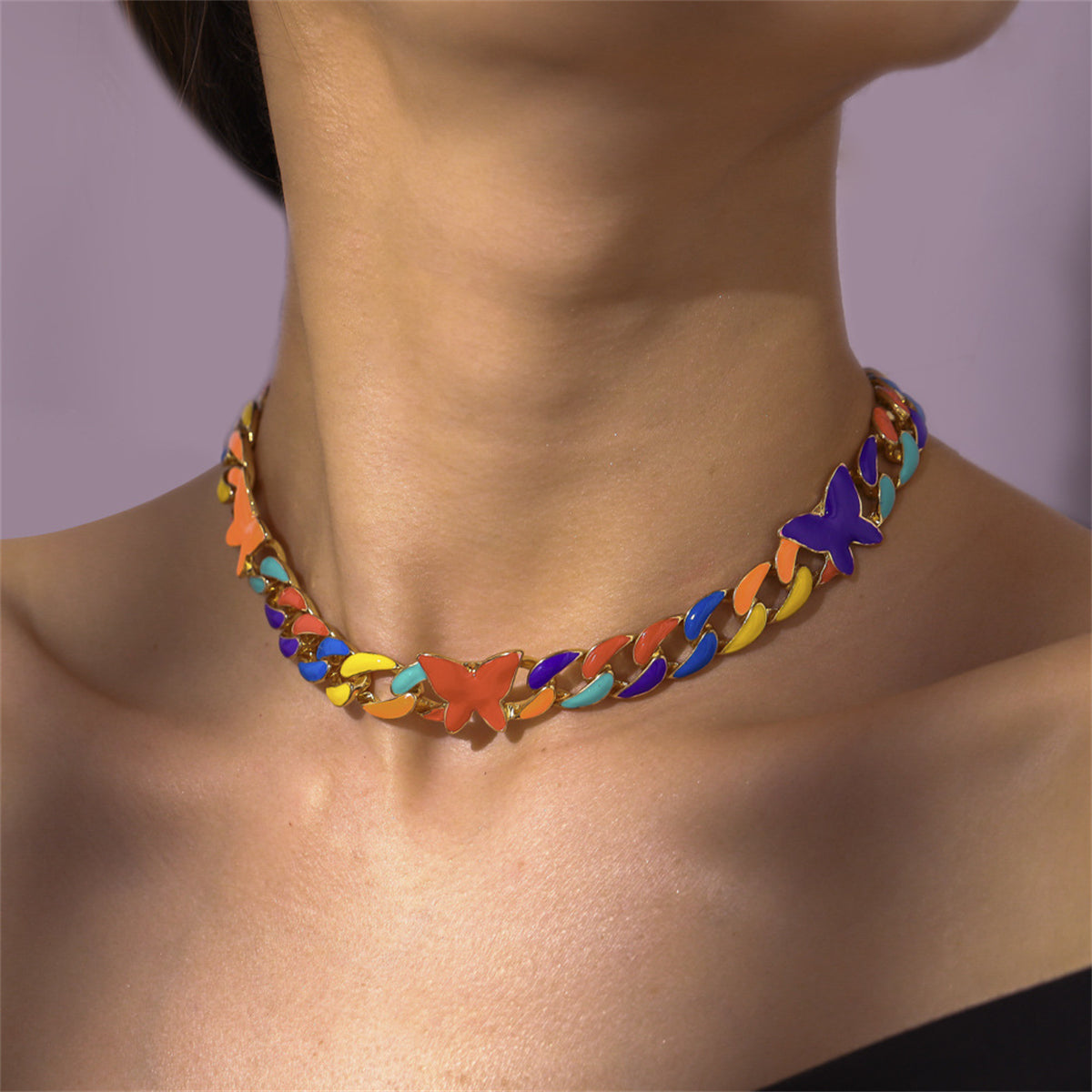 Red Enamel and 18K Gold-Plated Multicolor Butterfly Curb Chain Necklace, gold pendant necklace for women, side view