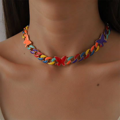 Red Enamel and 18K Gold-Plated Multicolor Butterfly Curb Chain Necklace, gold pendant necklace for women, front view