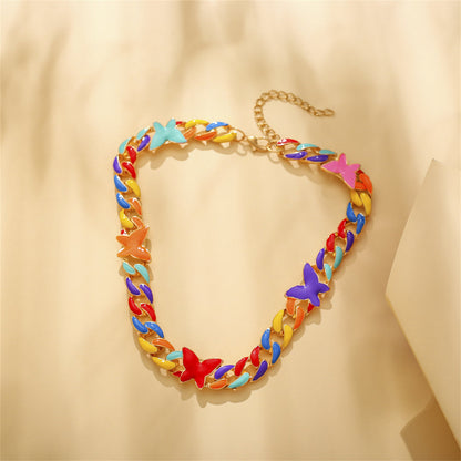 Red Enamel and 18K Gold-Plated Multicolor Butterfly Curb Chain Necklace, gold pendant necklace for women, lifestyle look