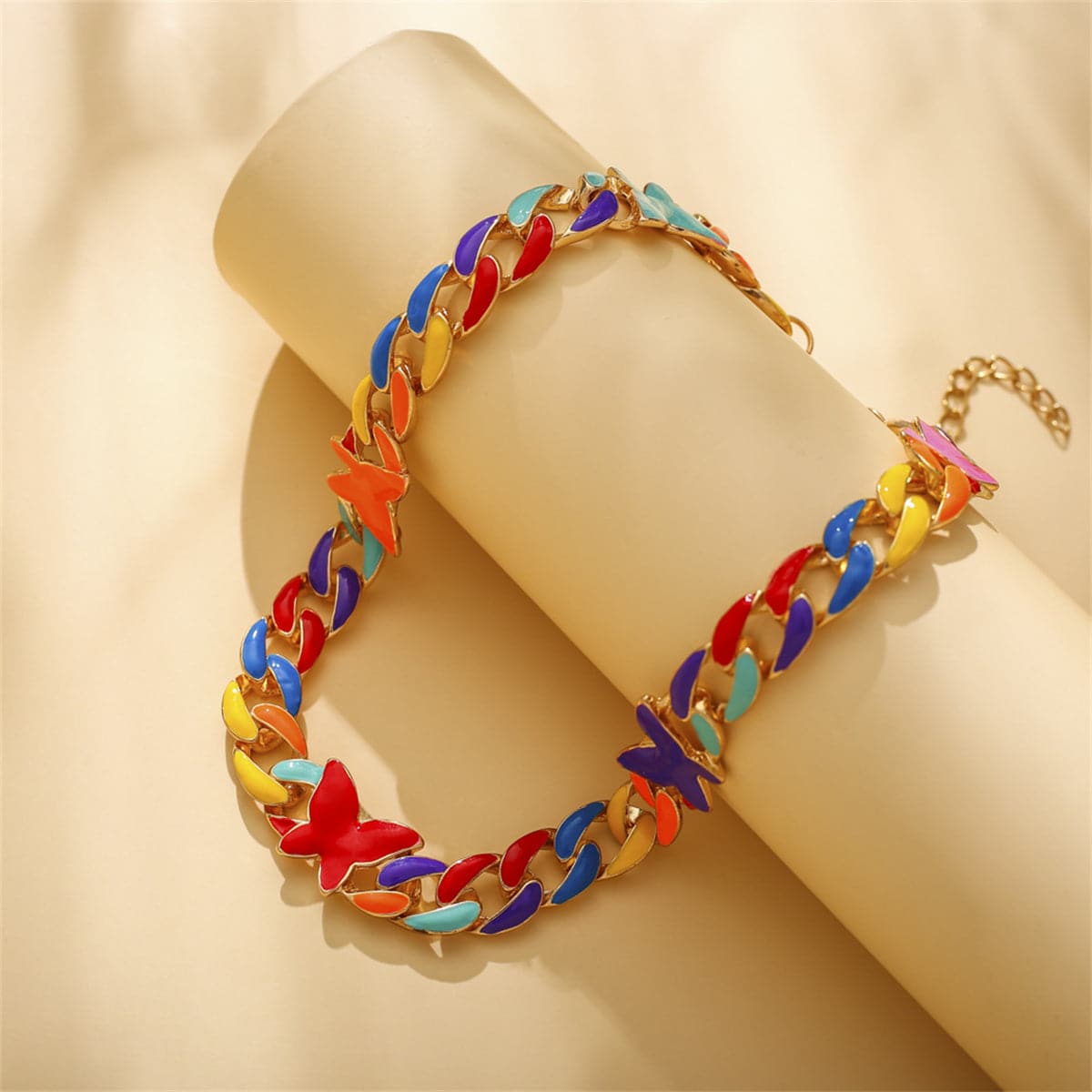 Red Enamel and 18K Gold-Plated Multicolor Butterfly Curb Chain Necklace, gold pendant necklace for women, detail close-up
