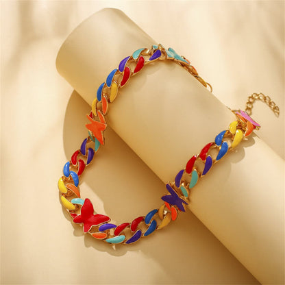 Red Enamel and 18K Gold-Plated Multicolor Butterfly Curb Chain Necklace, gold pendant necklace for women, detail close-up
