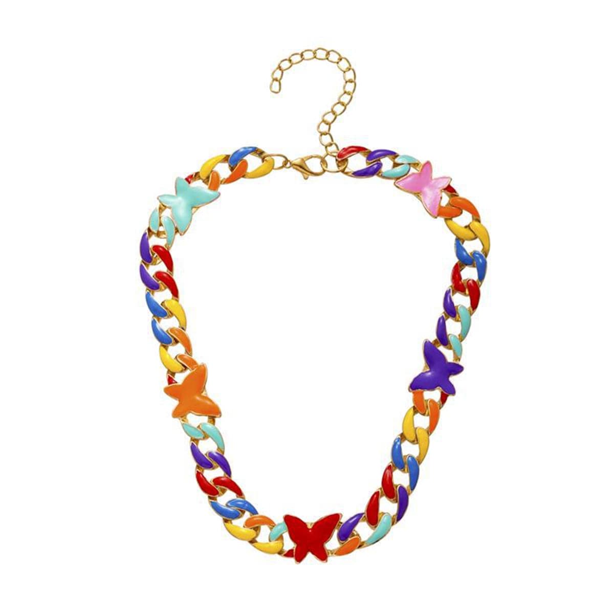 Red Enamel and 18K Gold-Plated Multicolor Butterfly Curb Chain Necklace, gold pendant necklace for women, styled look