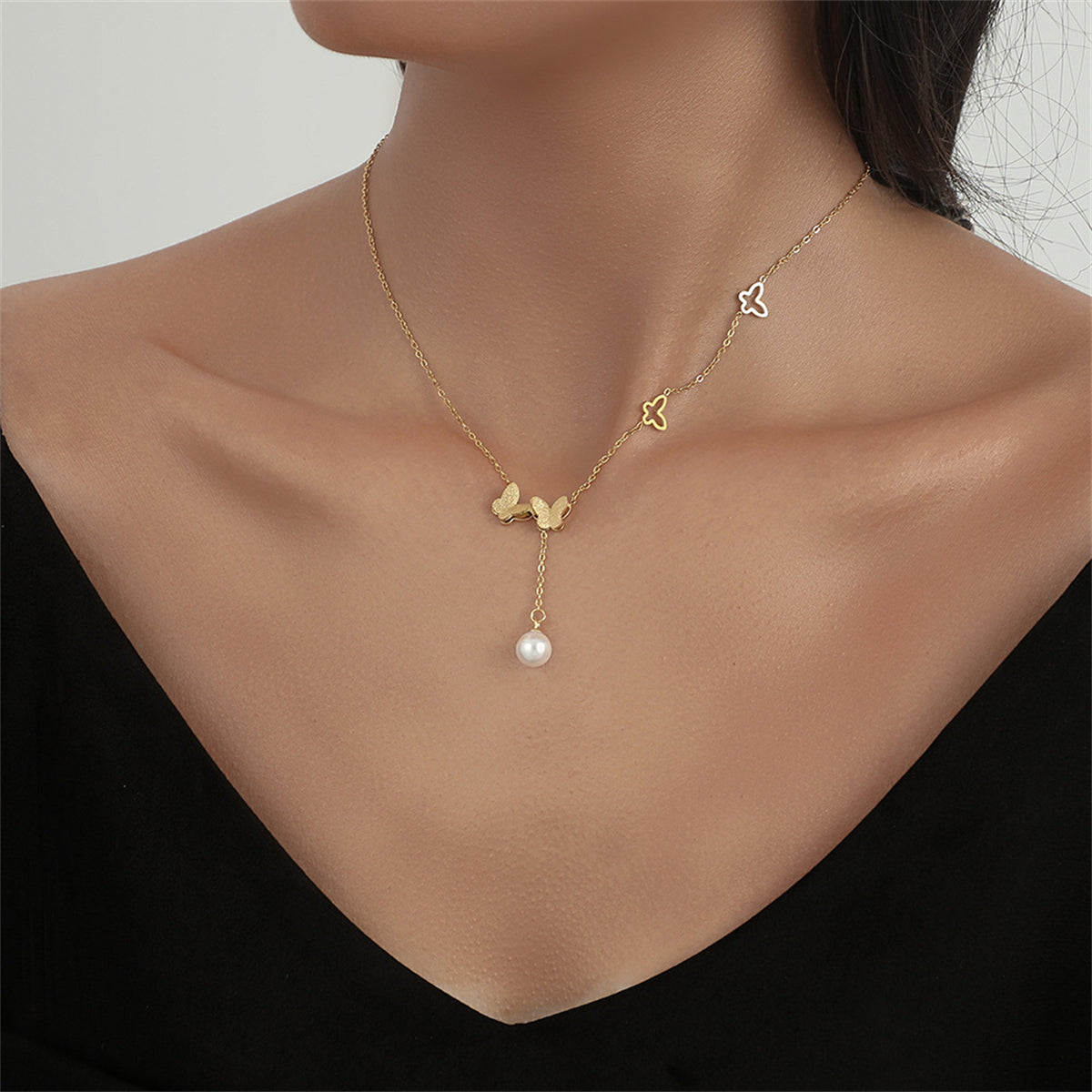Pearl and 18K Gold-Plated Frosted Butterfly Lariat Necklace, gold pendant necklace for women, everyday style, front view