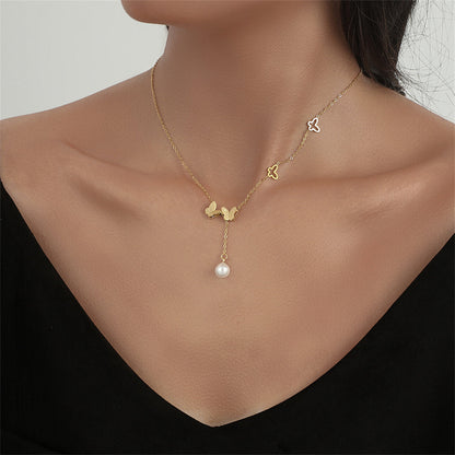 Pearl and 18K Gold-Plated Frosted Butterfly Lariat Necklace, gold pendant necklace for women, everyday style, front view