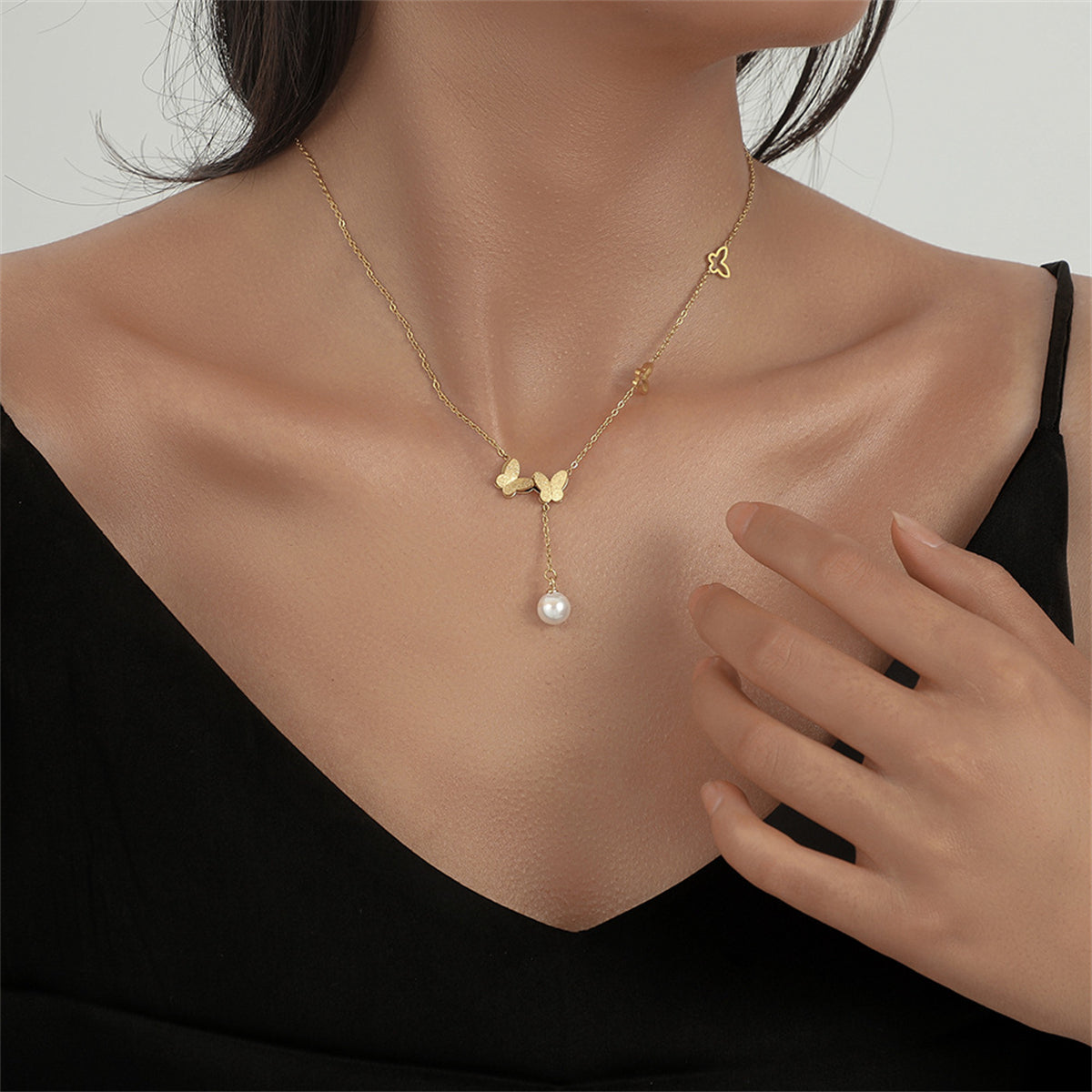 Pearl and 18K Gold-Plated Frosted Butterfly Lariat Necklace, gold pendant necklace for women, everyday style, side view