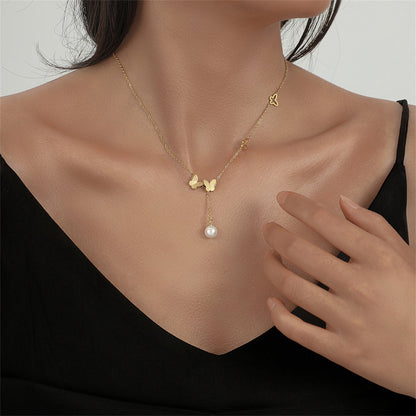 Pearl and 18K Gold-Plated Frosted Butterfly Lariat Necklace, gold pendant necklace for women, everyday style, side view
