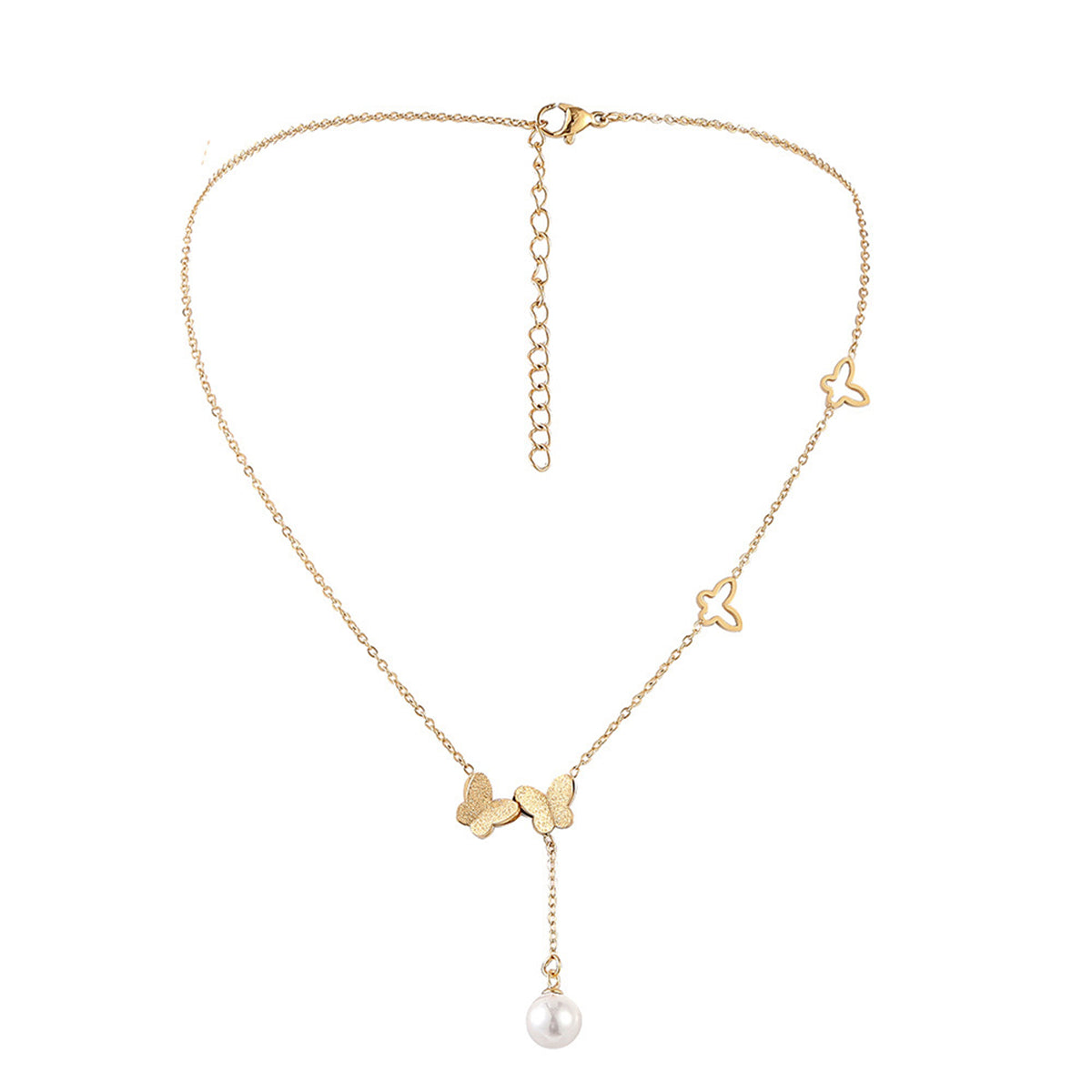 Pearl and 18K Gold-Plated Frosted Butterfly Lariat Necklace, gold pendant necklace for women, everyday style, lifestyle look