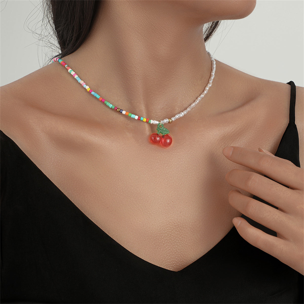 Red Acrylic and Howlite Pearl Cherry Beaded Pendant Necklace, pendant necklace for women, elegant gift for her, front view