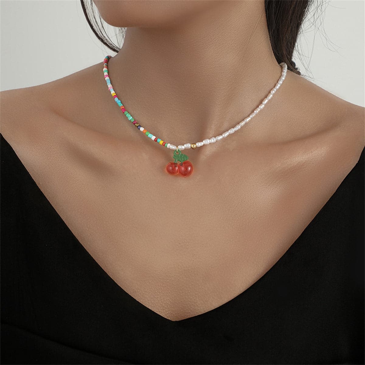 Red Acrylic and Howlite Pearl Cherry Beaded Pendant Necklace, pendant necklace for women, elegant gift for her, side view