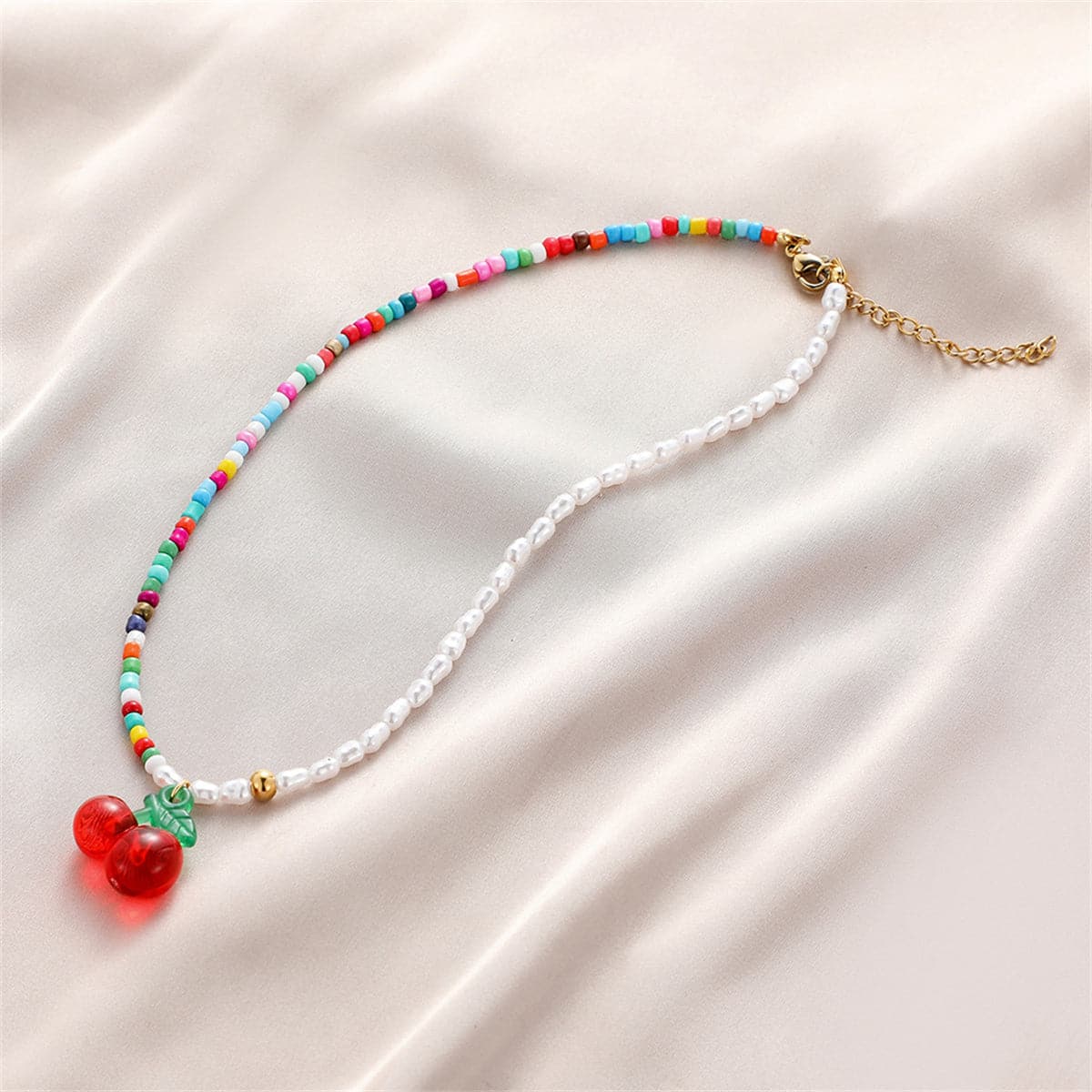 Red Acrylic and Howlite Pearl Cherry Beaded Pendant Necklace, pendant necklace for women, lifestyle look