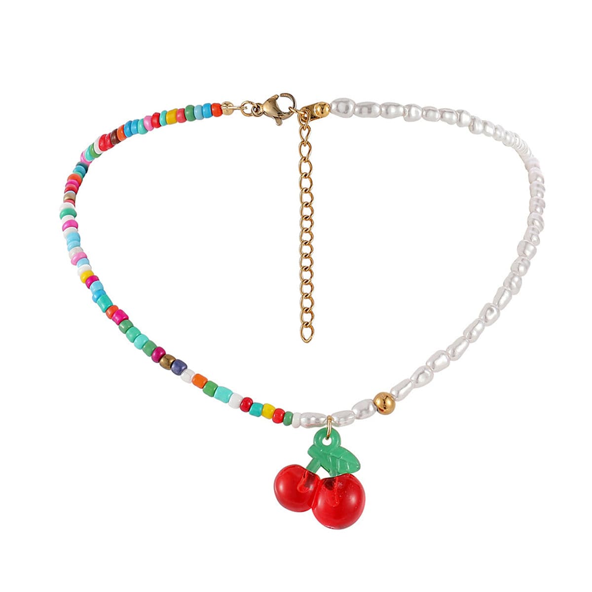 Red Acrylic and Howlite Pearl Cherry Beaded Pendant Necklace, pendant necklace for women, detail close-up