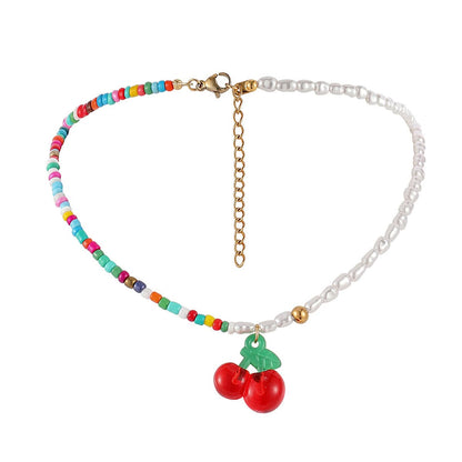 Red Acrylic and Howlite Pearl Cherry Beaded Pendant Necklace, pendant necklace for women, detail close-up