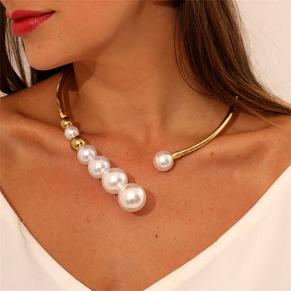 Pearl and 18K Gold-Plated Ball Collar Choker, chunky gold choker necklace, botanical inspired, front view