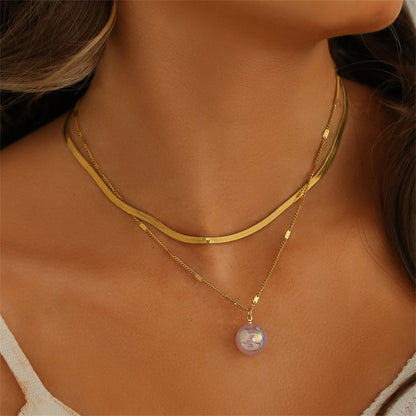Pearl and 18K Gold-Plated Snake Chain Layered Necklace, gold pendant necklace for women, dainty minimalist design, front view