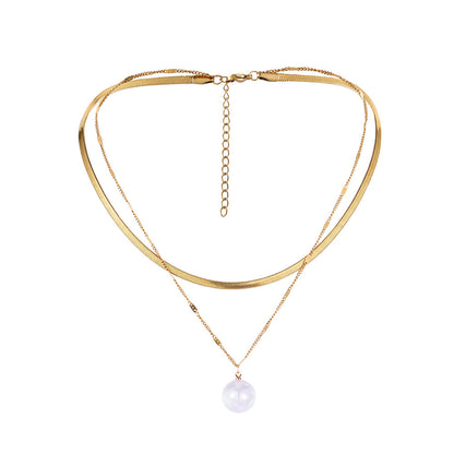 Pearl and 18K Gold-Plated Snake Chain Layered Necklace, gold pendant necklace for women, detail close-up