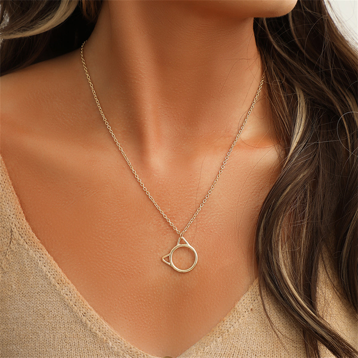 18K Gold-Plated Kitty Open Pendant Necklace, gold pendant necklace for women, everyday style, front view