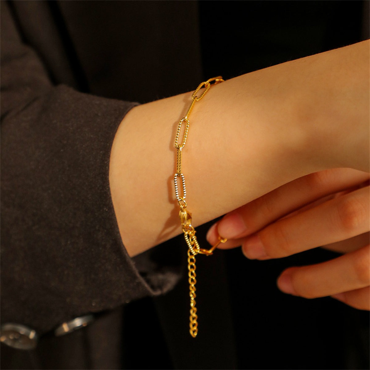 18K Gold-Plated Cut Rectangle Chain Bracelet, gold bracelet for women, botanical inspired, front view