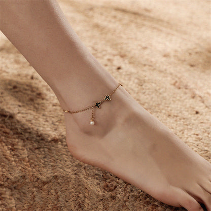 Black Acrylic and Pearl 18K Gold-Plated Butterfly Anklet, gold anklet bracelet, botanical inspired, front view