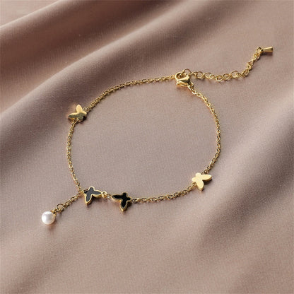 Black Acrylic and Pearl 18K Gold-Plated Butterfly Anklet, gold anklet bracelet, botanical inspired, lifestyle look