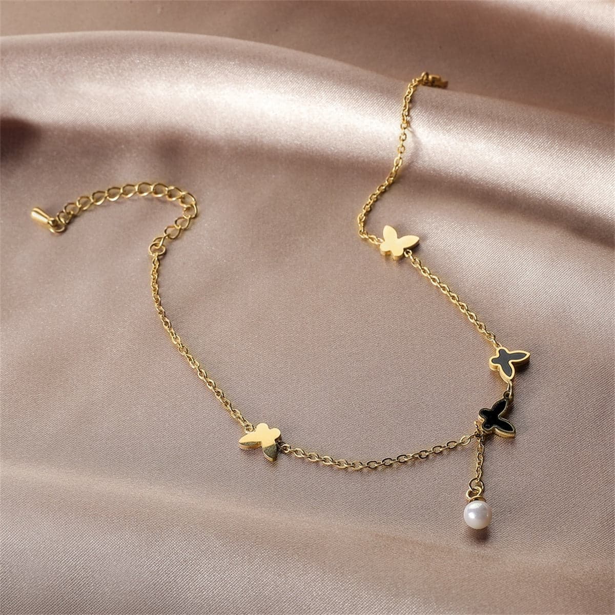 Black Acrylic and Pearl 18K Gold-Plated Butterfly Anklet, gold anklet bracelet, botanical inspired, detail close-up