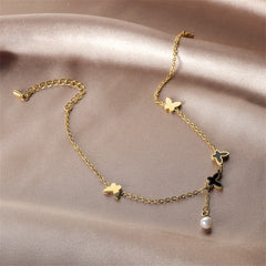 Black Acrylic & Pearl 18K Gold-Plated Butterfly Anklet