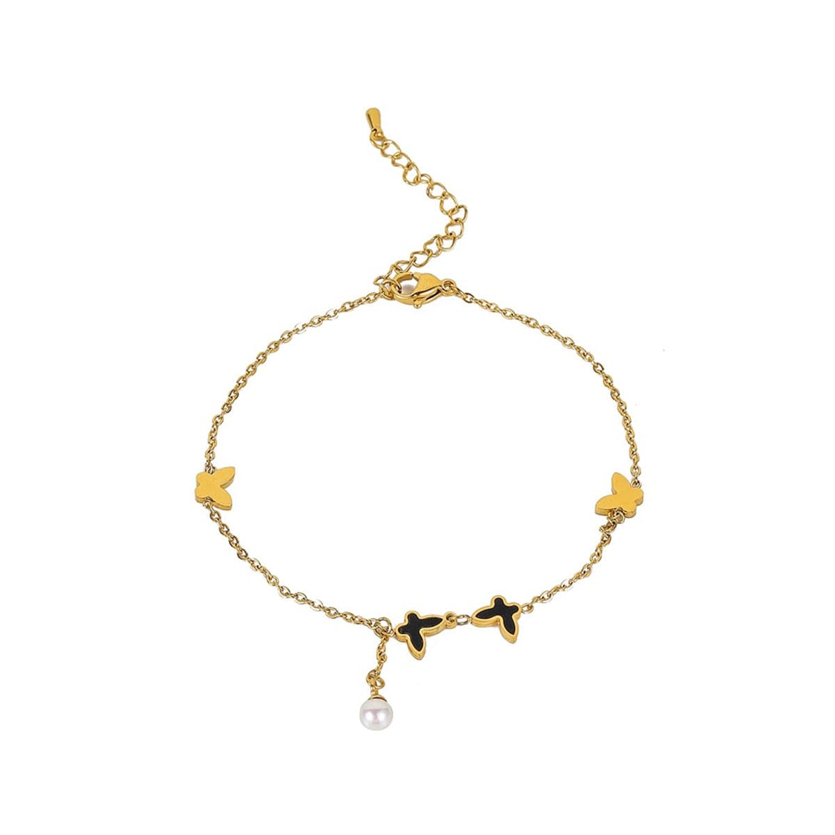 Black Acrylic and Pearl 18K Gold-Plated Butterfly Anklet, gold anklet bracelet, botanical inspired, side view