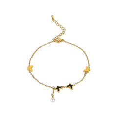 Black Acrylic & Pearl 18K Gold-Plated Butterfly Anklet