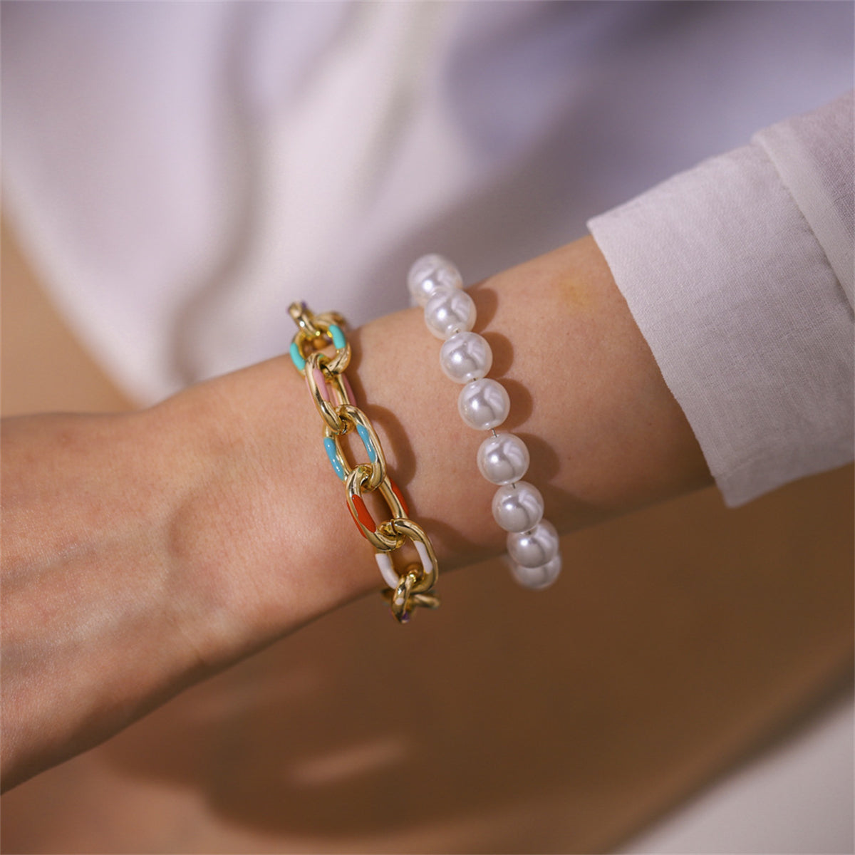 Teal Enamel & Pearl 18K Gold-Plated Bracelet Set