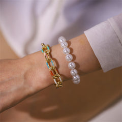 Teal Enamel & Pearl 18K Gold-Plated Bracelet Set