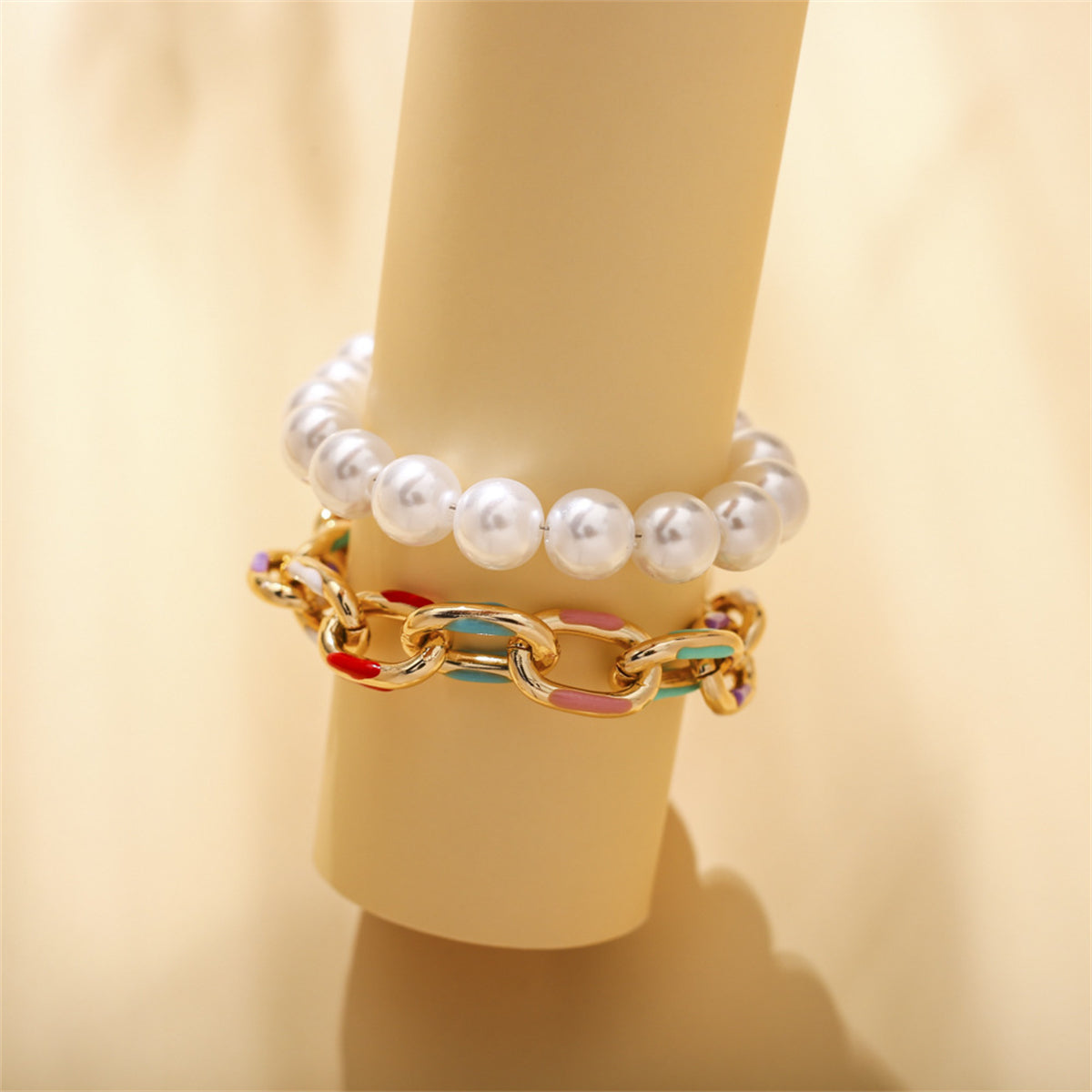 Teal Enamel & Pearl 18K Gold-Plated Bracelet Set
