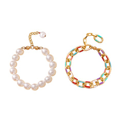 Teal Enamel & Pearl 18K Gold-Plated Bracelet Set