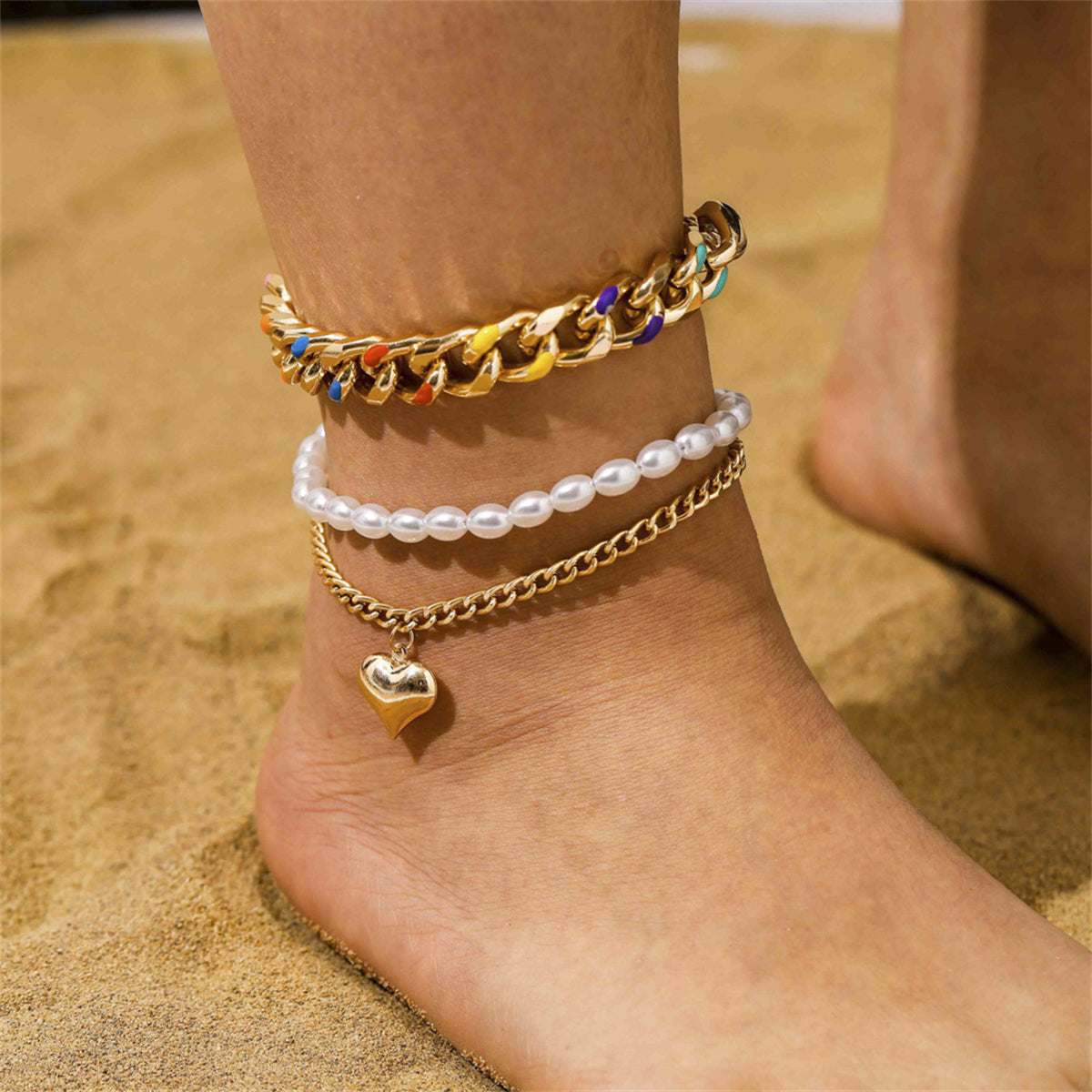 Blue Multicolor Enamel & Pearl 18K Gold-Plated Heart Layered Anklet Set
