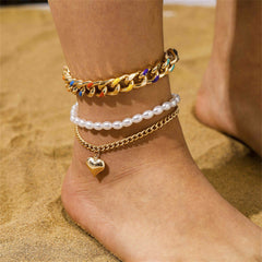 Blue Multicolor Enamel & Pearl 18K Gold-Plated Heart Layered Anklet Set