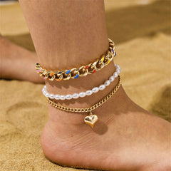 Blue Multicolor Enamel & Pearl 18K Gold-Plated Heart Layered Anklet Set