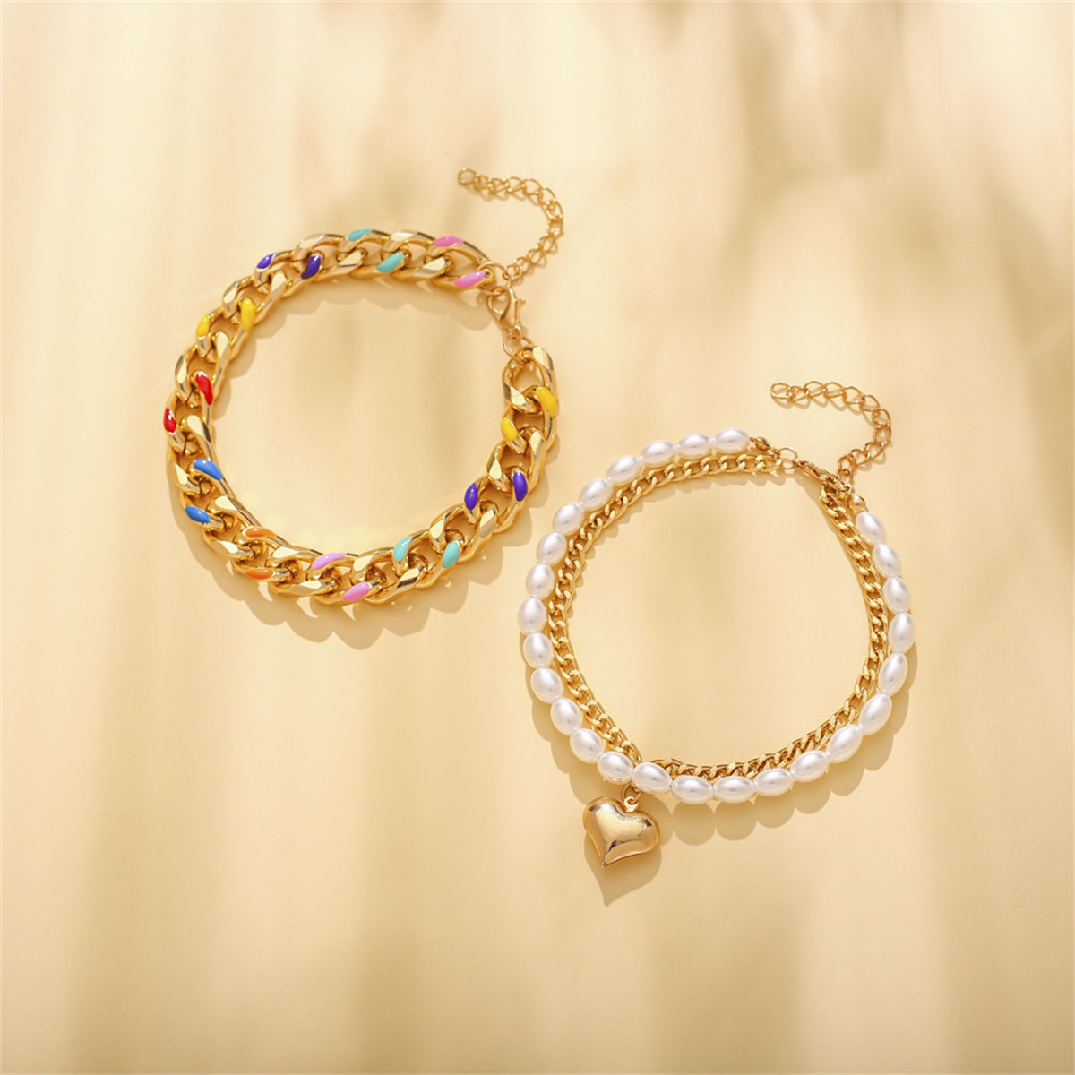 Blue Multicolor Enamel & Pearl 18K Gold-Plated Heart Layered Anklet Set