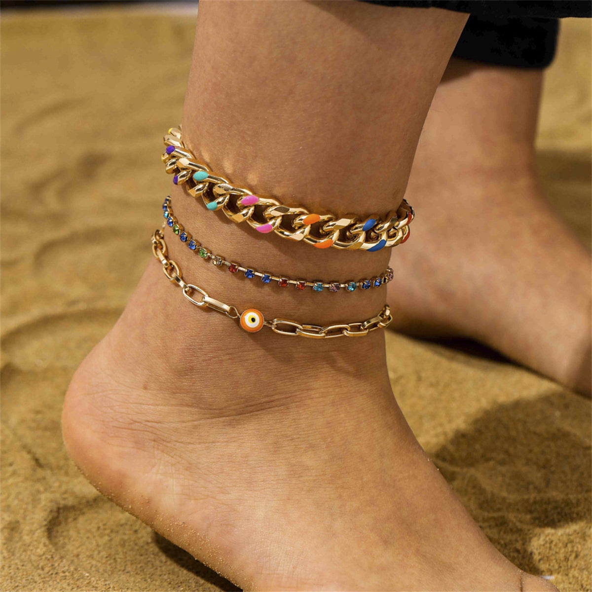 Cubic Zirconia & Enamel 18K Gold-Plated Evil Eye Anklet Set