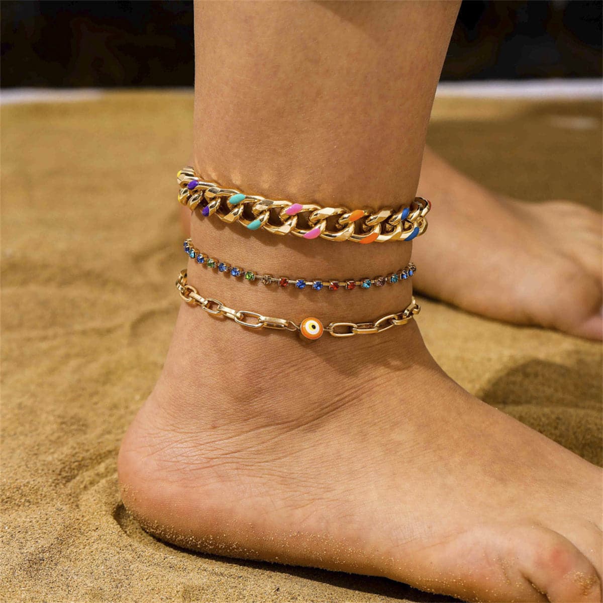 Cubic Zirconia & Enamel 18K Gold-Plated Evil Eye Anklet Set