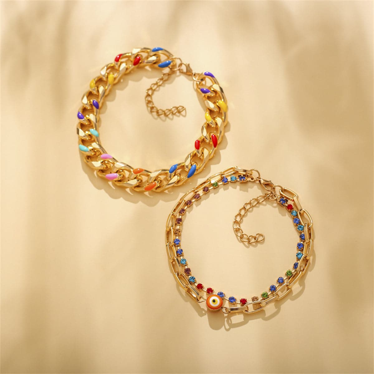 Cubic Zirconia & Enamel 18K Gold-Plated Evil Eye Anklet Set