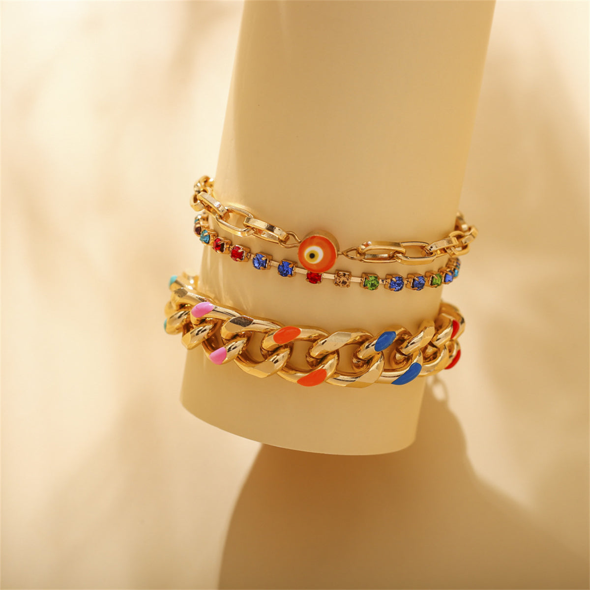 Cubic Zirconia & Enamel 18K Gold-Plated Evil Eye Anklet Set
