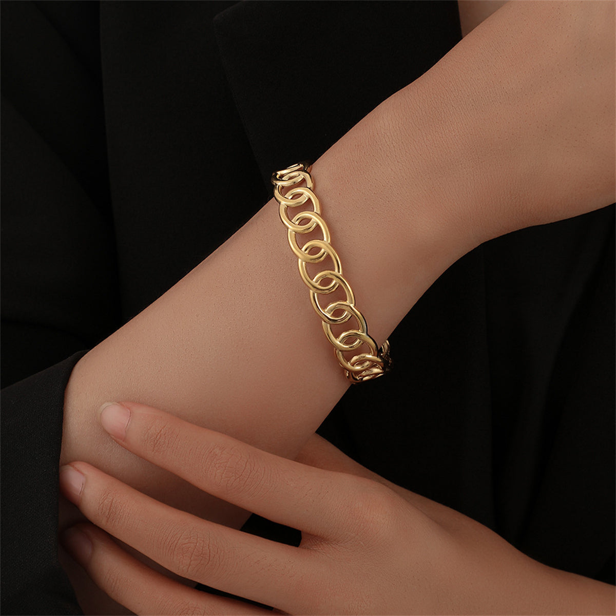 18K Gold-Plated Curb Chain Open Cuff, gold bracelet for women, elegant gift for her, front view